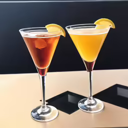 two cocktails, one with orange and one with blue