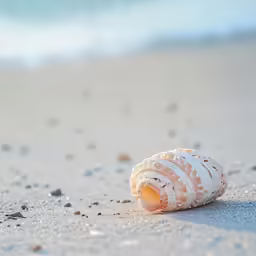 a sea shell lays on a beach sand