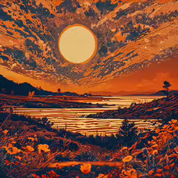 a painting of a landscape with orange and yellow flowers,a picture of a field with flowers and birds flying in the sky