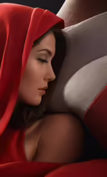 a woman with long, dark hair in red is laying down under a red blanket