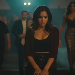 people standing and talking around a dimly lit room
