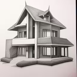 pencil drawing of a house with three stories and a balcony,the house is very large and very big