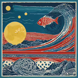 a blue and red poster with an orange fish in the middle,an art print featuring a fish with waves