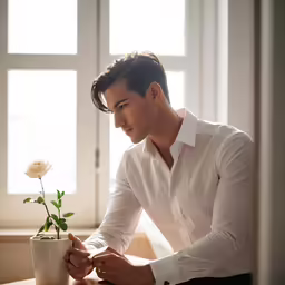 a man leaning down at a table with a potted plant