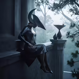 an illustration of a woman sitting on a wall in the rain
