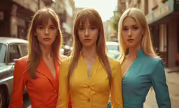 three young women are standing in the street