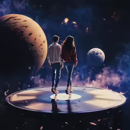 two people standing on a round platform near planets