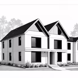a black and white rendering of two large houses