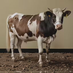 a black and white cow with horns standing on some rocks