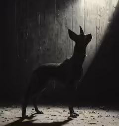 a dog standing in the dark looking up