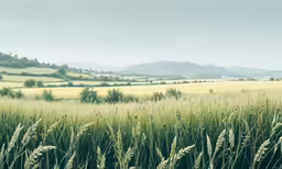 a large field of green grass surrounded by mountains