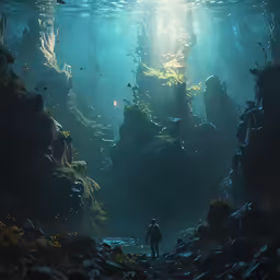the light is shining on the underwater scene