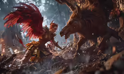 an animation of a girl with wings fighting a dragon