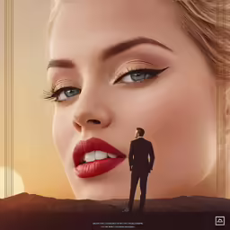 a woman in a suit looking into the distance with lipstick on her face