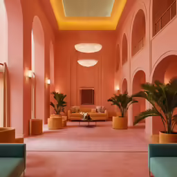 pink room with a blue chair and many lights and plants