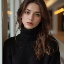 the woman in black is standing by a building