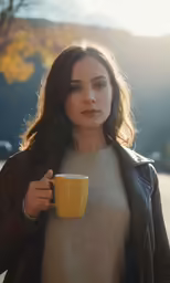 a woman walking in the sunshine holding a cup of coffee