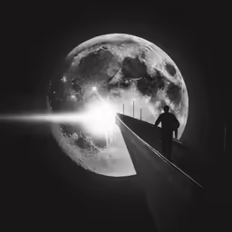 a man standing on the edge of an overpass with a bright light shining