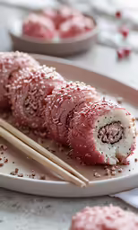 a plate holding meat rolls with chopsticks resting on top of them