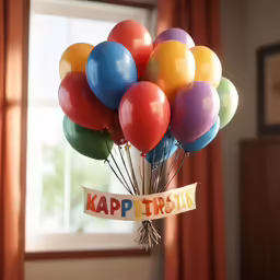 a birthday decoration holding a bunch of balloons