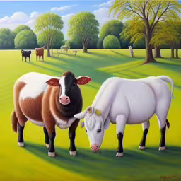 a painting of two cows with trees in the background,there is a painting of a cow with another cow in the field