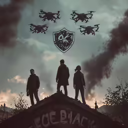 three people on top of a roof with smoke coming out of them