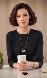 a woman is sitting at a table with a coffee cup