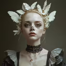 a lady with white wings on her head, wearing black clothes
