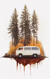 the white van is traveling on a log next to a pine forest