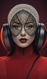 a woman with headphones and mask on her face