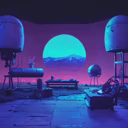 various different types of equipment are on the floor,a blue sky is seen in the distance