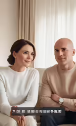 a man and woman sitting on a sofa in a living room with curtains