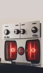 two red and white lights on top of a counter