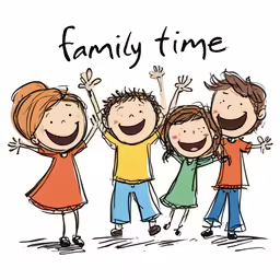 a family time card with three kids, one holding his hands up and the other standing in