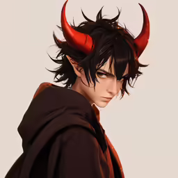the male character with large horns is wearing a brown hoodie