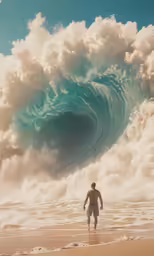 the person is walking toward the big wave