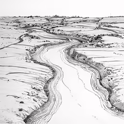 an ink drawing of a river in a snowy landscape