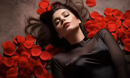 a woman laying on top of flowers wearing sheer black