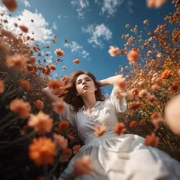 a girl is sitting in a field of flowers looking up