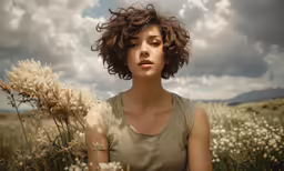 the woman is sitting in the grass with tall weeds