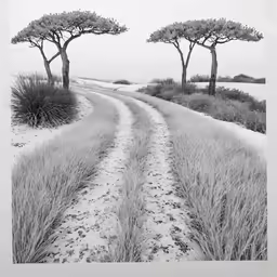 two trees are shown along the side of a snow covered road