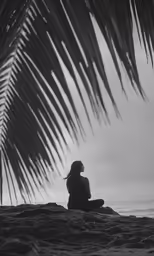 a person sitting on top of a beach under a palm tree