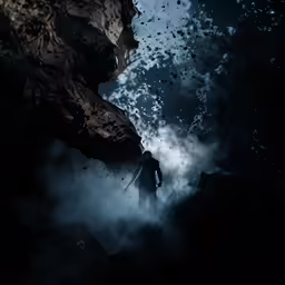 a man standing in front of an ice cave