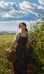woman in a field holding a hat and a bag
