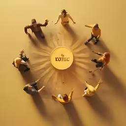 several toy figures surrounding an object with a yoc button