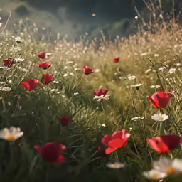 a field full of red flowers with lots of white