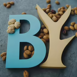 letter with nuts surrounding it next to a tree
