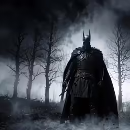 the dark knight standing on a field surrounded by fog