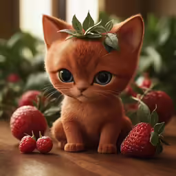 a small kitten standing next to a bunch of strawberries on a table