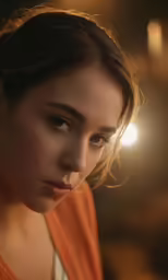 a woman in orange top staring at the camera